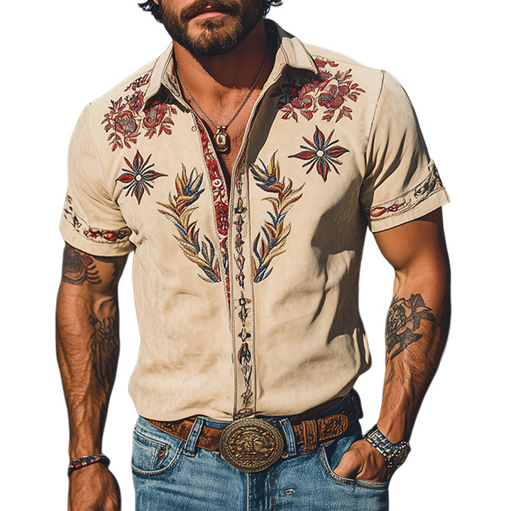 【24-uurs verzending】Heren Lente/Zomer Mode Retro Westerse Stijl Suède Geborduurde Korte Mouwen Shirt