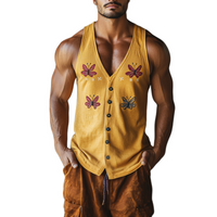Heren Vintage Vlinder verbonden Katoenmengsel V-Hals Enkele Knop Slim Fit Tanktop MTA2252D4M