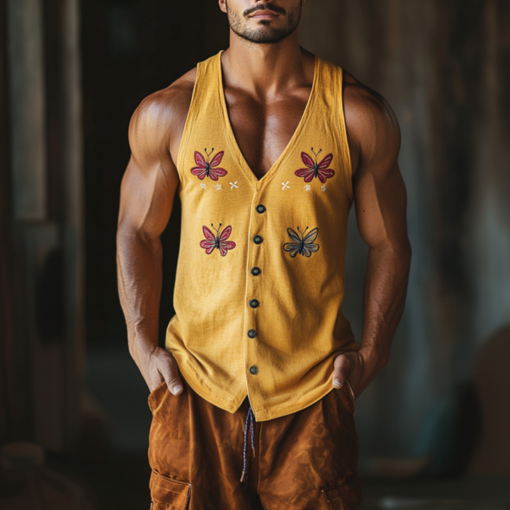 Heren Vintage Vlinder verbonden Katoenmengsel V-Hals Enkele Knop Slim Fit Tanktop MTA2252D4M