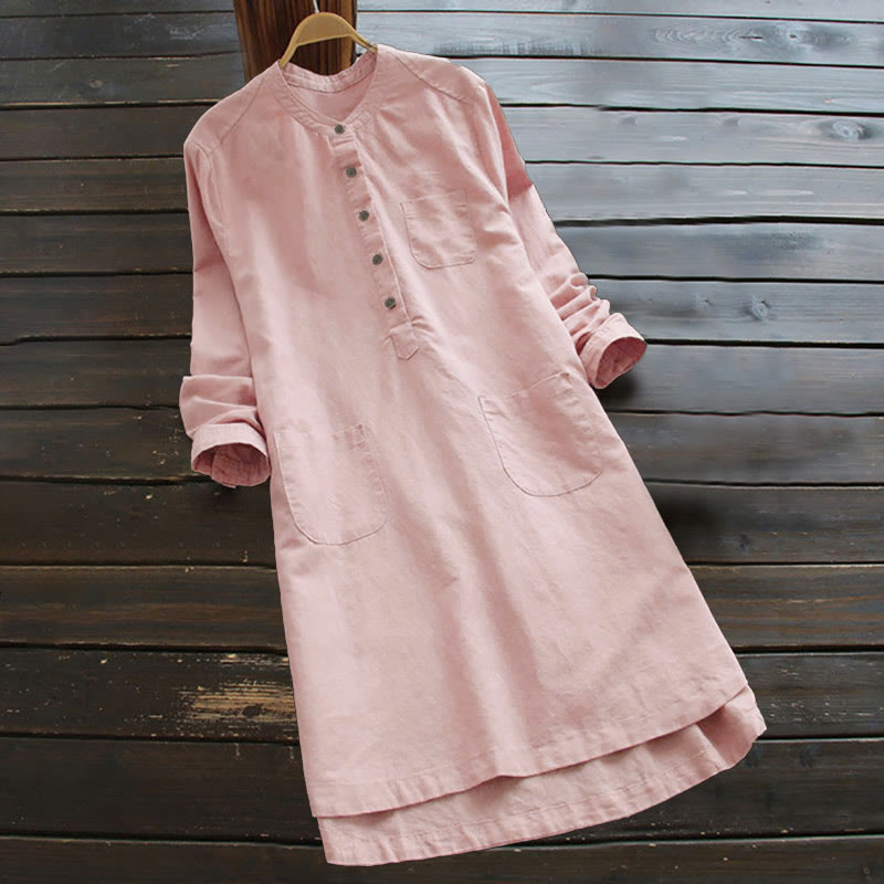 Van Dame Solid Knopen Lange Mouwen Dames Shirt Met Zakjes