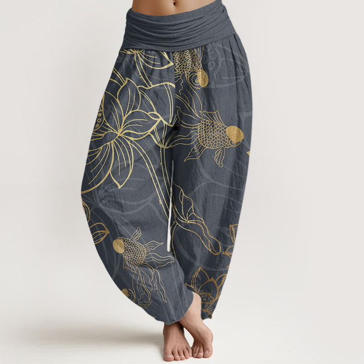 Pure Cotton Lotus Leaf Koi Fish Dames Elastische Taille Harem Broek
