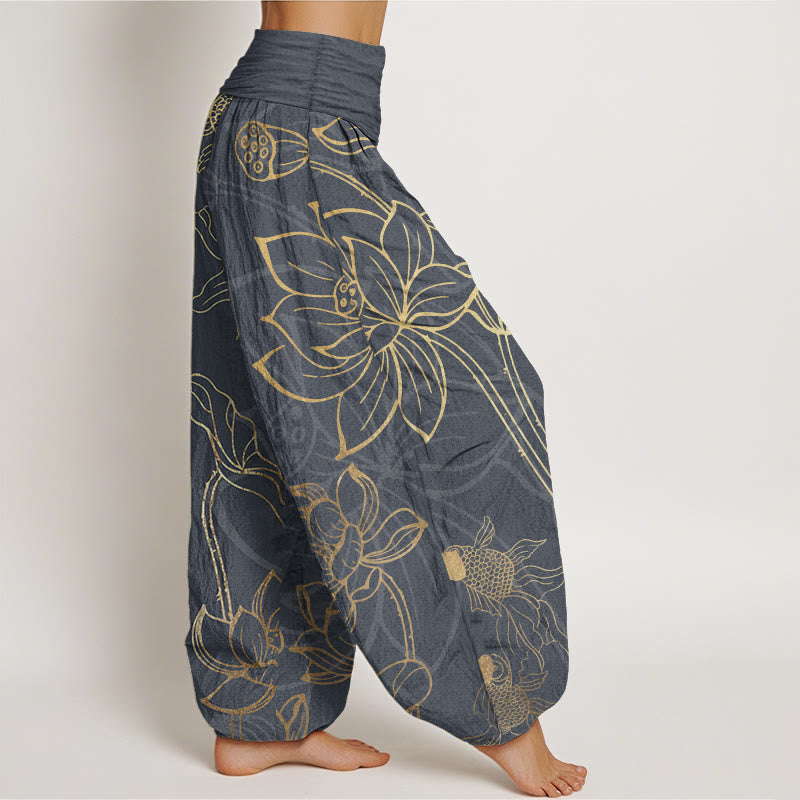 Van Dame Pure Cotton Lotus Leaf Koi Fish Dames Elastische Taille Harem Broek