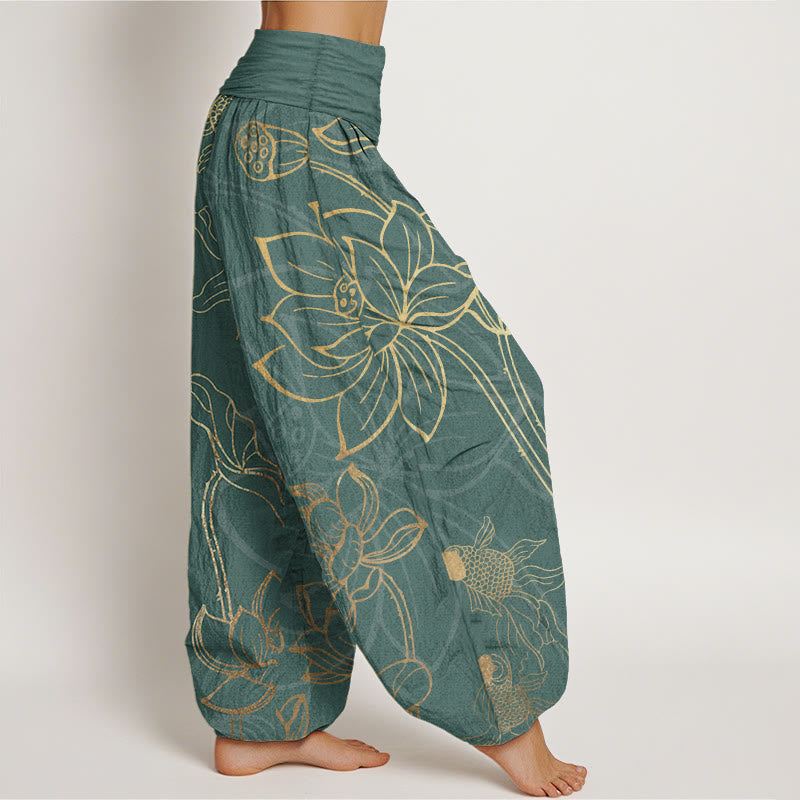 Pure Cotton Lotus Leaf Koi Fish Dames Elastische Taille Harem Broek