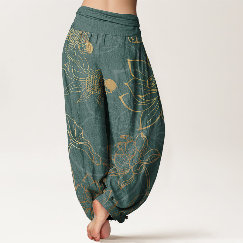 Van Dame Pure Cotton Lotus Leaf Koi Fish Dames Elastische Taille Harem Broek