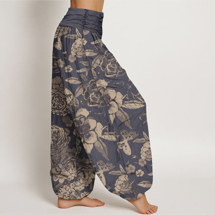 Van Dame Katoenen Casual Pioenbloemen Bladeren Dames Elastische Taille Harem Broek