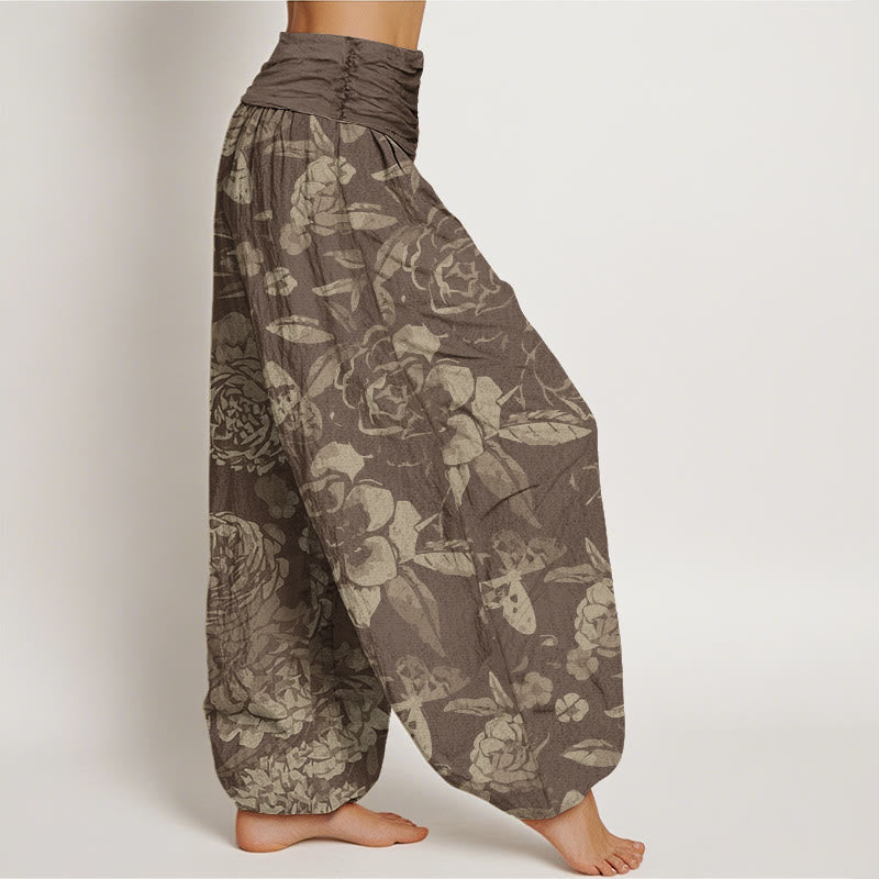 Van Dame Katoenen Casual Pioenbloemen Bladeren Dames Elastische Taille Harem Broek