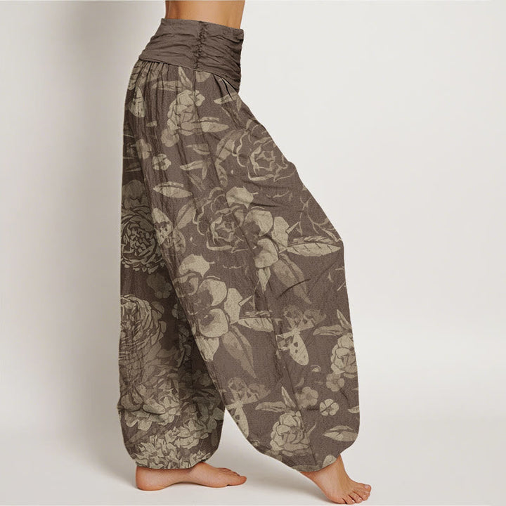 Van Dame Katoenen Casual Pioenbloemen Bladeren Dames Elastische Taille Harem Broek