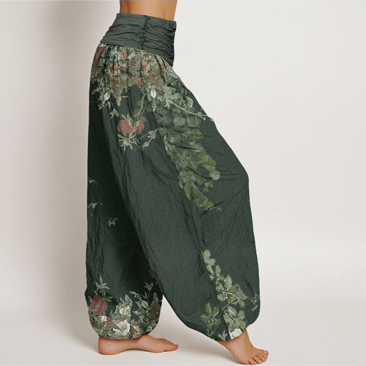 Van Dame Katoenen Casual Rode Pioenbloem Klimop Design Vrouwen Elastische Taille Harem Broek