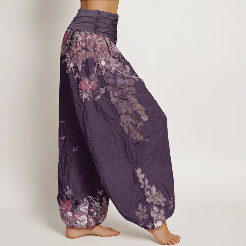Van Dame Katoenen Casual Rode Pioenbloem Klimop Design Vrouwen Elastische Taille Harem Broek