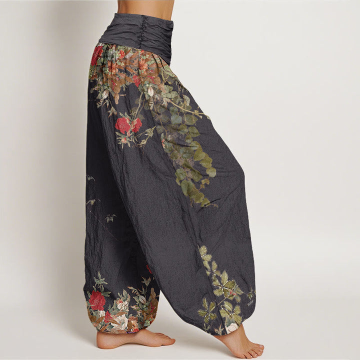 Van Dame Katoenen Casual Rode Pioenbloem Klimop Design Vrouwen Elastische Taille Harem Broek