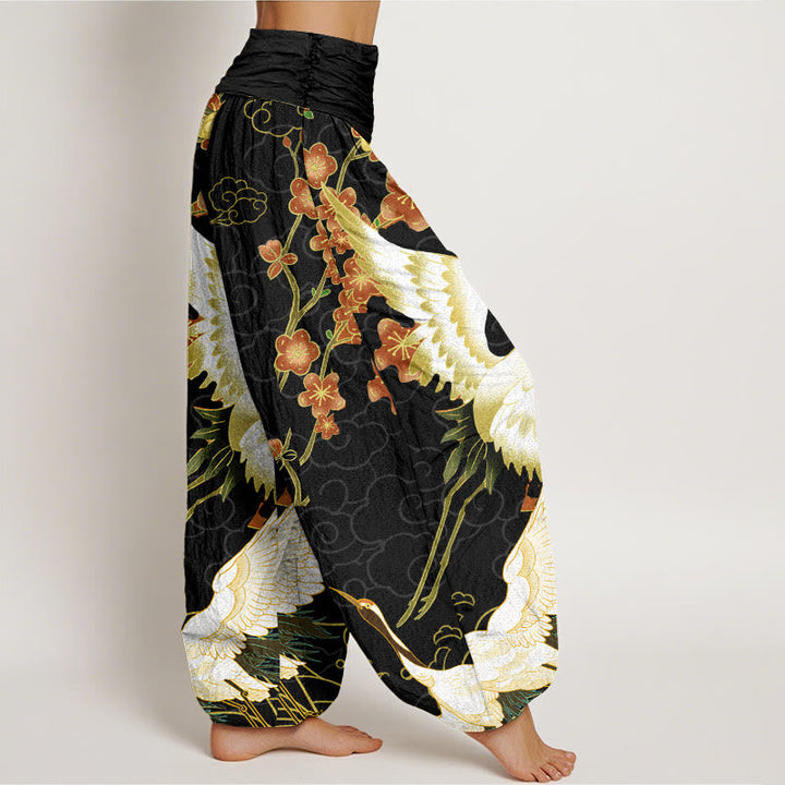 Van Dame Katoen Kraanvogels Bloemen Gelukkige Wolken patroon Dames Elastische Taille Harem Broek