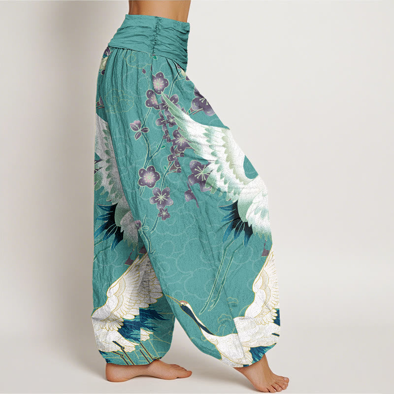 Van Dame Katoen Kraanvogels Bloemen Gelukkige Wolken patroon Dames Elastische Taille Harem Broek