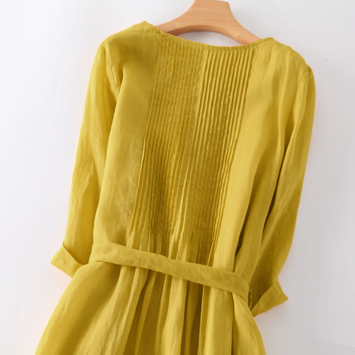 Casual Vetersluiting Effen Crew Neck Halve Mouw Midi Jurk Met Zakken