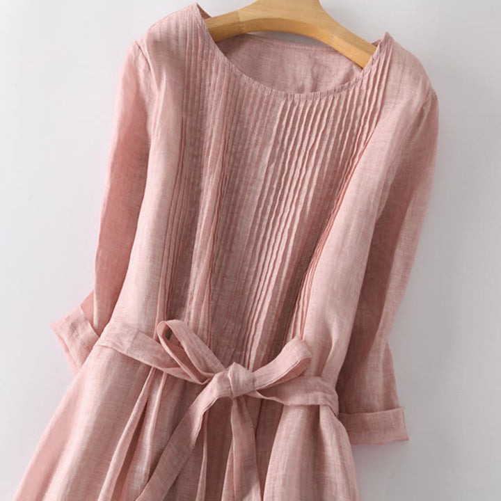 Casual Vetersluiting Effen Crew Neck Halve Mouw Midi Jurk Met Zakken