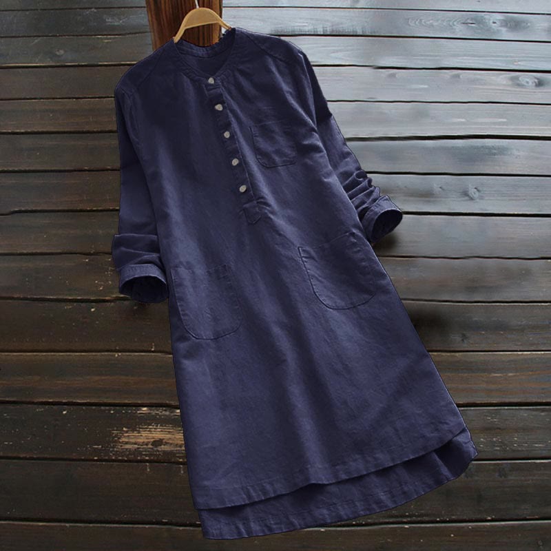 Van Dame Solid Knopen Lange Mouwen Dames Shirt Met Zakjes