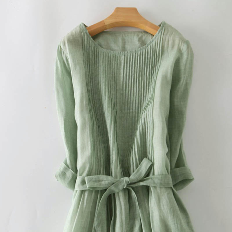 Casual Vetersluiting Effen Crew Neck Halve Mouw Midi Jurk Met Zakken