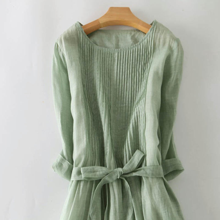 Casual Vetersluiting Effen Crew Neck Halve Mouw Midi Jurk Met Zakken