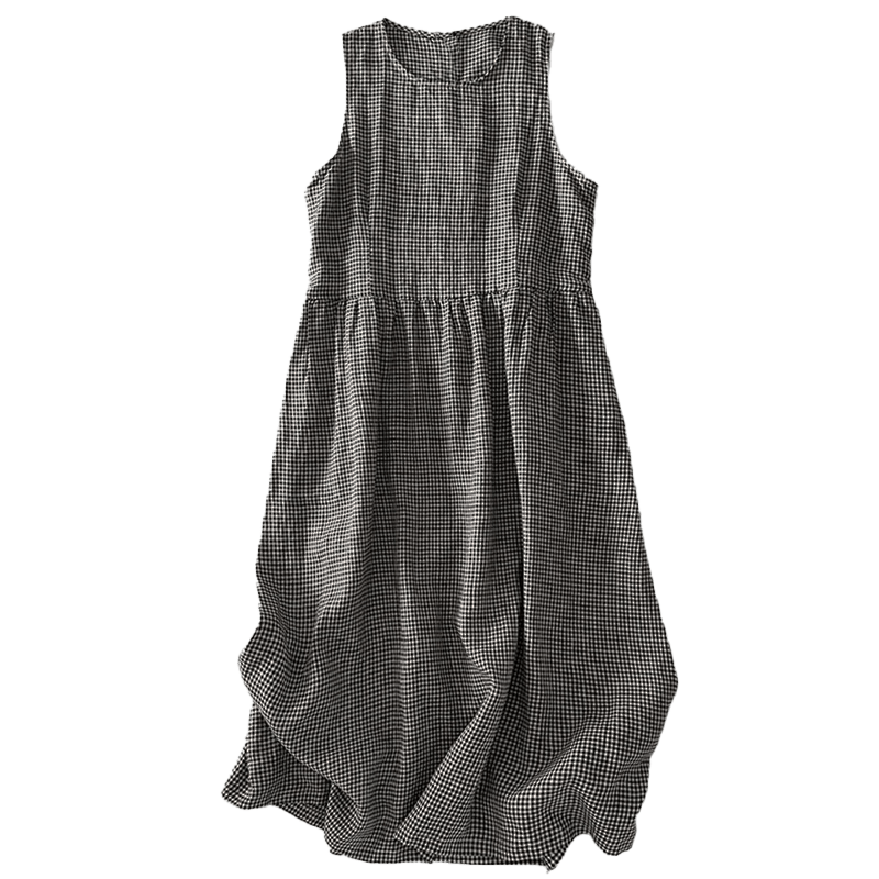 Van Dame Casual Effen Handgemaakte Geruite Midi Jurk Katoenen Mouwloze Jurk Met Zakken