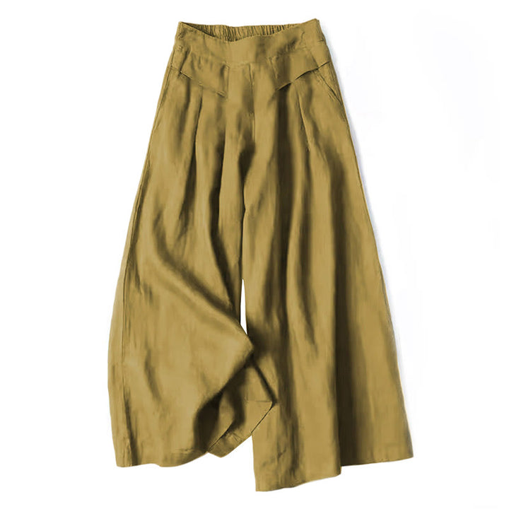 Van Dame Effen Kleur Katoen Linnen Hoge Taille Wijde Pijpen Broek Met Zakken