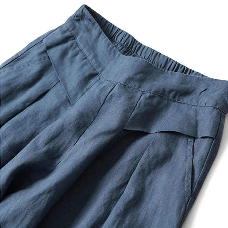 Van Dame Effen Kleur Katoen Linnen Hoge Taille Wijde Pijpen Broek Met Zakken