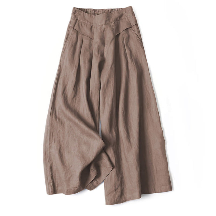 Van Dame Effen Kleur Katoen Linnen Hoge Taille Wijde Pijpen Broek Met Zakken