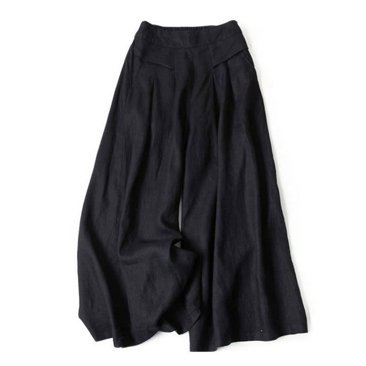 Van Dame Effen Kleur Katoen Linnen Hoge Taille Wijde Pijpen Broek Met Zakken