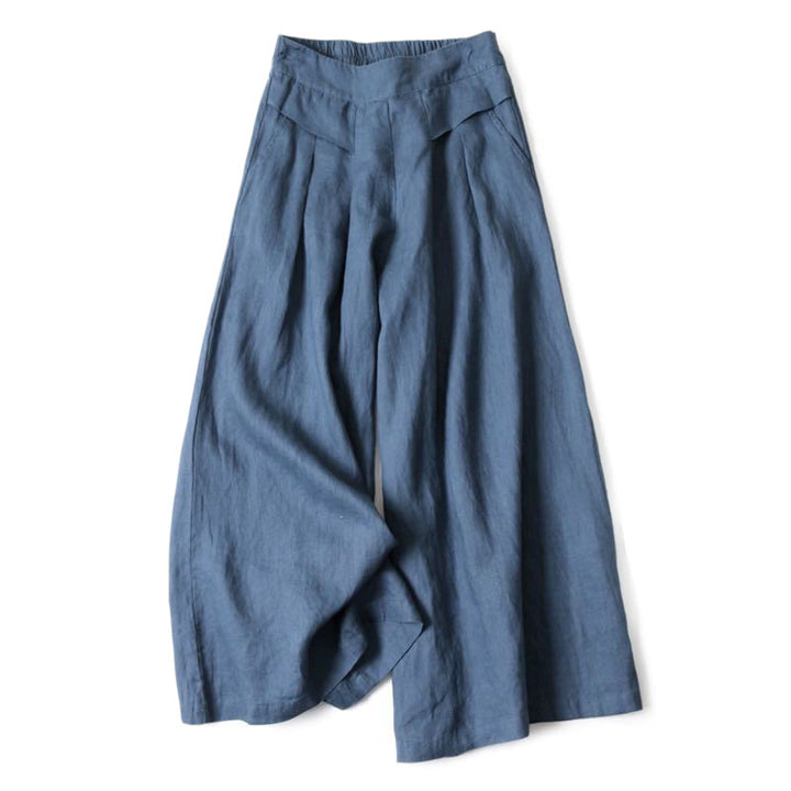 Van Dame Effen Kleur Katoen Linnen Hoge Taille Wijde Pijpen Broek Met Zakken
