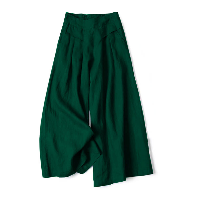 Van Dame Effen Kleur Katoen Linnen Hoge Taille Wijde Pijpen Broek Met Zakken