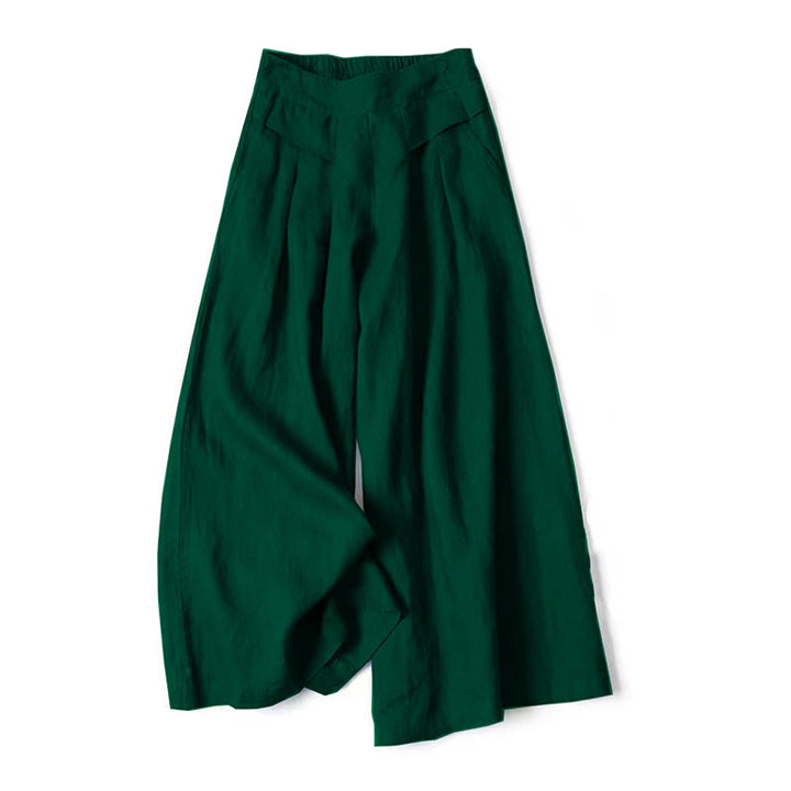 Van Dame Effen Kleur Katoen Linnen Hoge Taille Wijde Pijpen Broek Met Zakken