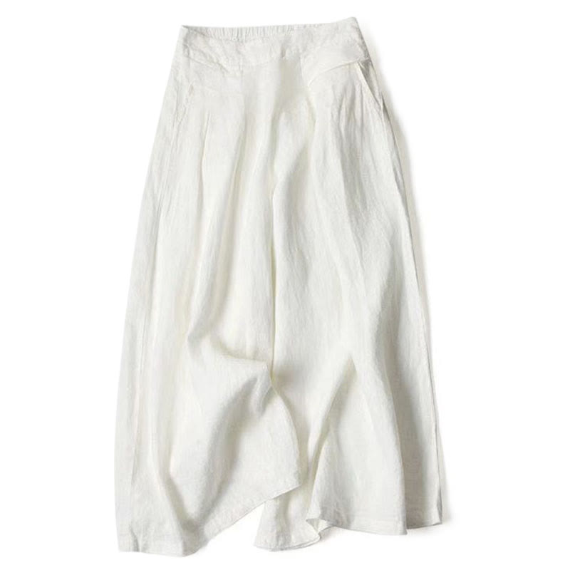 Van Dame Effen Kleur Katoen Linnen Hoge Taille Wijde Pijpen Broek Met Zakken