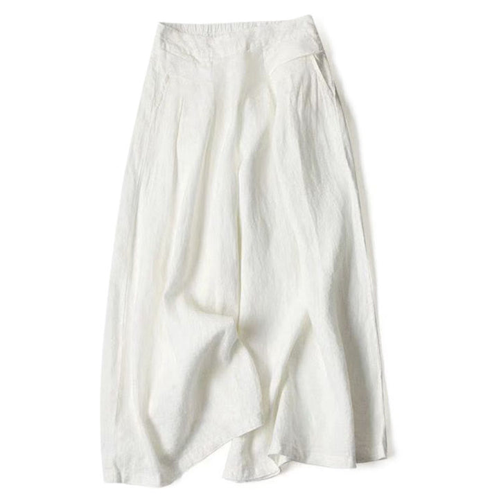 Van Dame Effen Kleur Katoen Linnen Hoge Taille Wijde Pijpen Broek Met Zakken