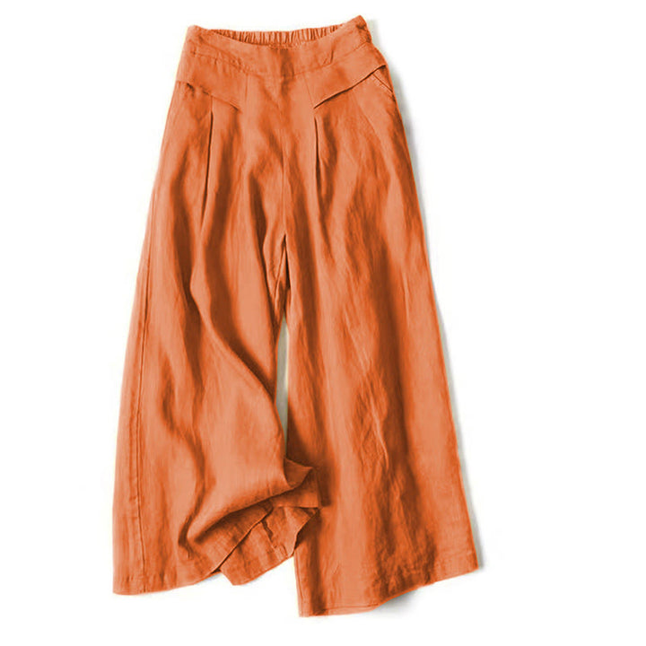 Van Dame Effen Kleur Katoen Linnen Hoge Taille Wijde Pijpen Broek Met Zakken