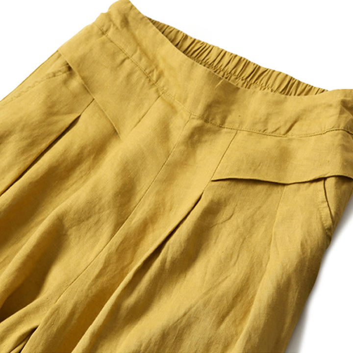 Van Dame Effen Kleur Katoen Linnen Hoge Taille Wijde Pijpen Broek Met Zakken