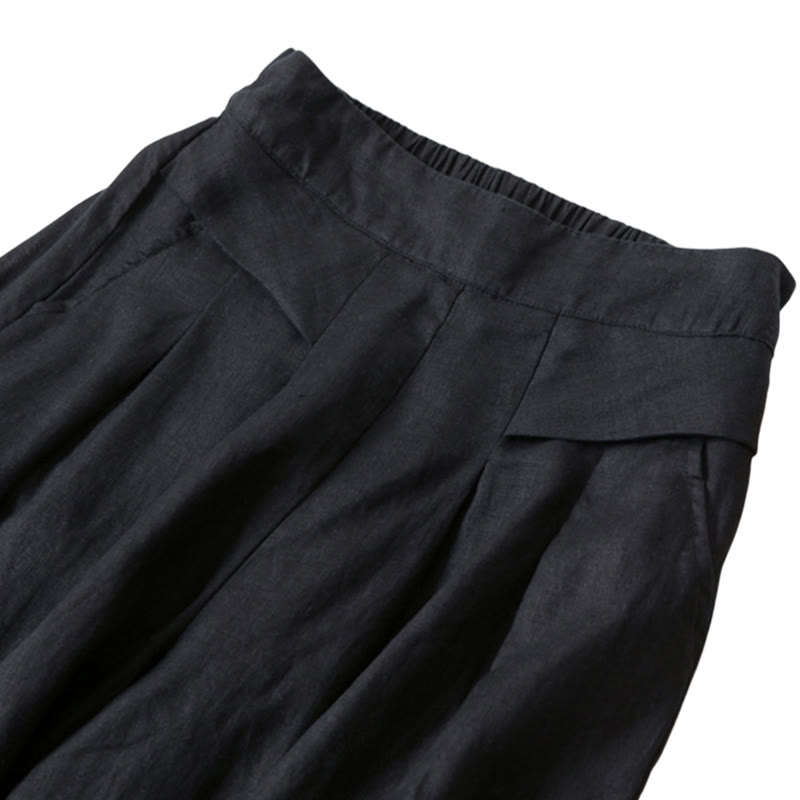 Van Dame Effen Kleur Katoen Linnen Hoge Taille Wijde Pijpen Broek Met Zakken
