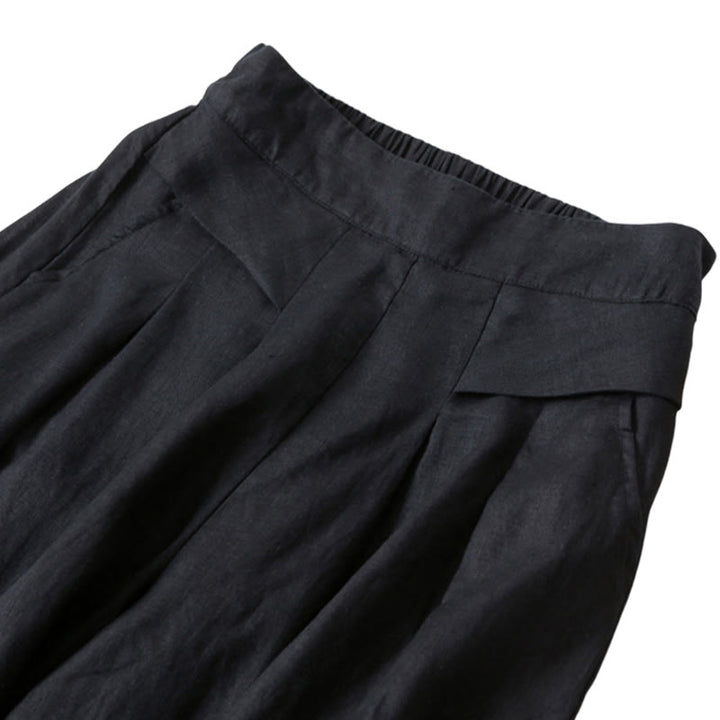 Van Dame Effen Kleur Katoen Linnen Hoge Taille Wijde Pijpen Broek Met Zakken