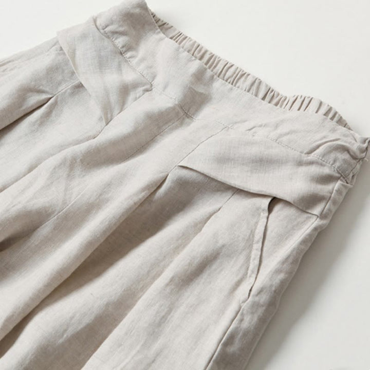Van Dame Effen Kleur Katoen Linnen Hoge Taille Wijde Pijpen Broek Met Zakken