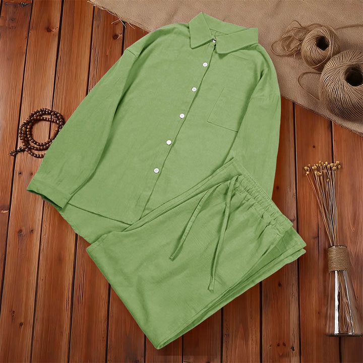 2Pcs Langsleeve Shirt Top Met Zakjes Trekkoord Broek Meditatie Katoenen Kleding Vrouwen Set