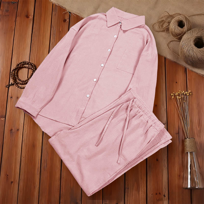 2Pcs Langsleeve Shirt Top Met Zakjes Trekkoord Broek Meditatie Katoenen Kleding Vrouwen Set