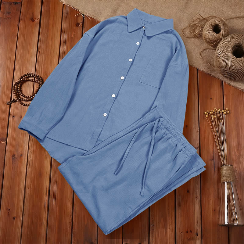 Van Dame 2Pcs Langsleeve Shirt Top Met Zakjes Trekkoord Broek Meditatie Katoen Kleding Dames Set