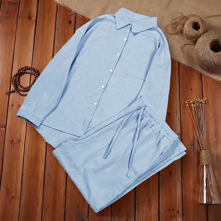 Van Dame 2Pcs Langsleeve Shirt Top Met Zakjes Trekkoord Broek Meditatie Katoen Kleding Dames Set