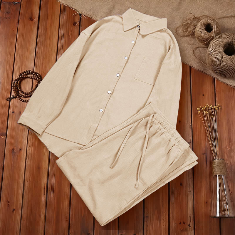 Van Dame 2Pcs Langsleeve Shirt Top Met Zakjes Trekkoord Broek Meditatie Katoen Kleding Dames Set