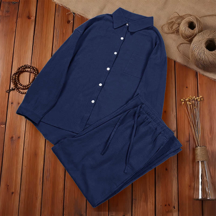 Van Dame 2Pcs Langsleeve Shirt Top Met Zakjes Trekkoord Broek Meditatie Katoen Kleding Dames Set