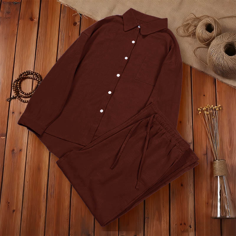 2Pcs Langsleeve Shirt Top Met Zakjes Trekkoord Broek Meditatie Katoenen Kleding Vrouwen Set