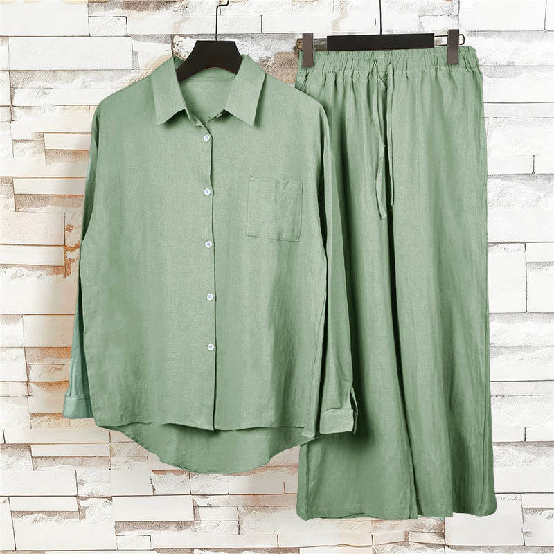 2Pcs Langsleeve Shirt Top Met Zakjes Trekkoord Broek Meditatie Katoenen Kleding Vrouwen Set
