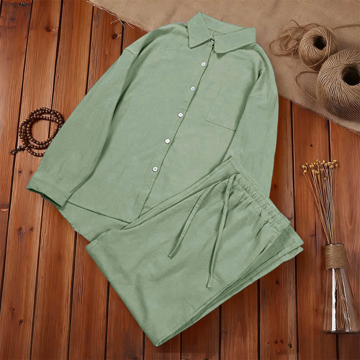 2Pcs Langsleeve Shirt Top Met Zakjes Trekkoord Broek Meditatie Katoenen Kleding Vrouwen Set