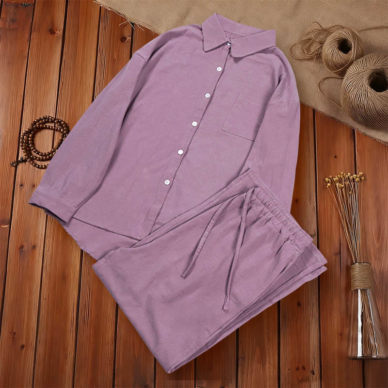 2Pcs Langsleeve Shirt Top Met Zakjes Trekkoord Broek Meditatie Katoenen Kleding Vrouwen Set