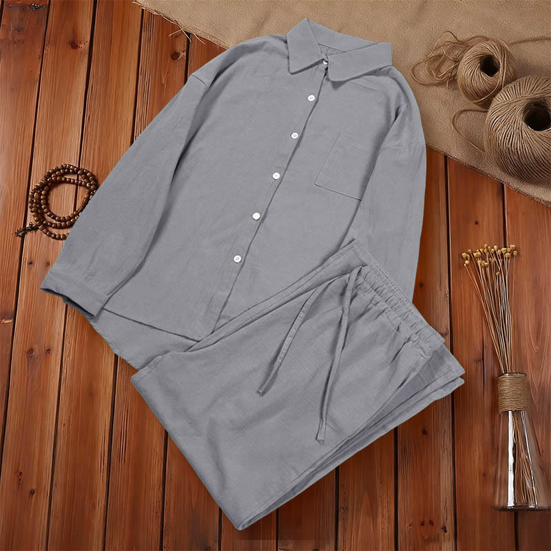 2Pcs Langsleeve Shirt Top Met Zakjes Trekkoord Broek Meditatie Katoenen Kleding Vrouwen Set