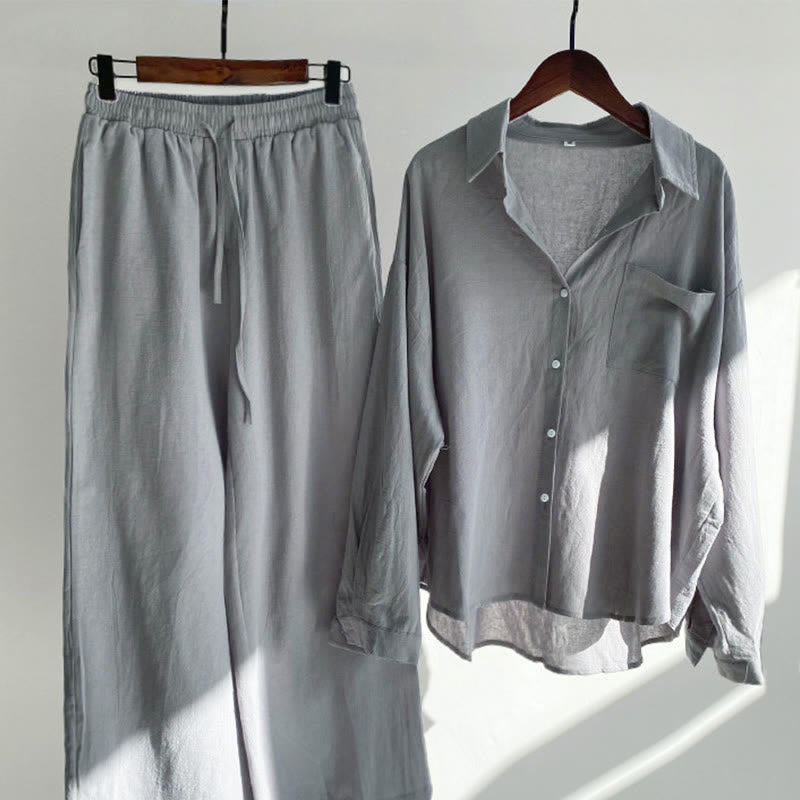 2Pcs Langsleeve Shirt Top Met Zakjes Trekkoord Broek Meditatie Katoenen Kleding Vrouwen Set