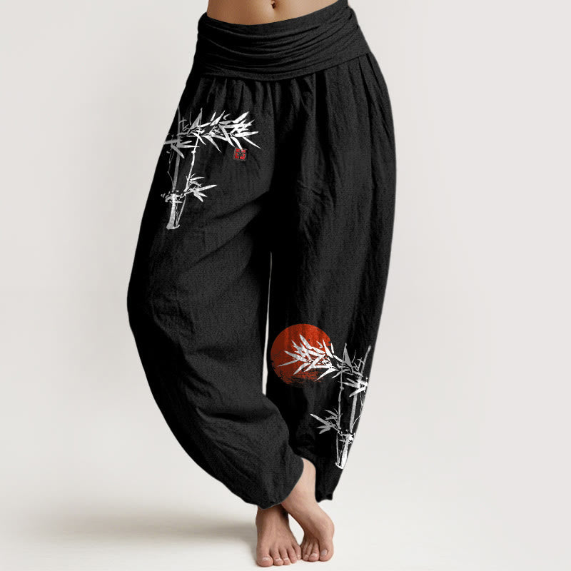Van Dame Bamboe Bladeren Rode Zon Patroon Vrouwen Elastische Taille Harem Pure Katoenen Broek