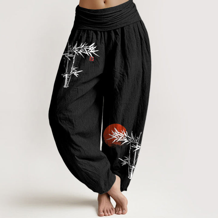 Van Dame Bamboe Bladeren Rode Zon Patroon Vrouwen Elastische Taille Harem Pure Katoenen Broek